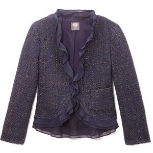 Vince Camuto Navy Blue Sparkle Tweed Boucle Ruffle Blazer/Jacket